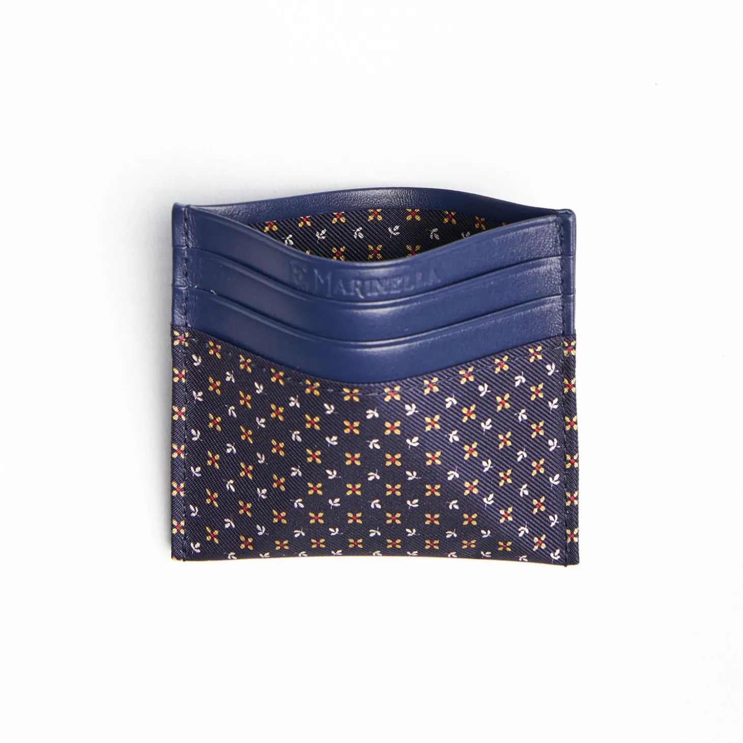 Dark Blue Silk And Leather Credit Card Holder - 5 Compartments