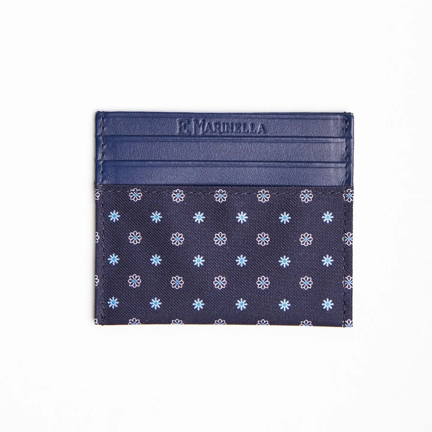 Dark Blue Silk And Leather Credit Card Holder 5 Compartments