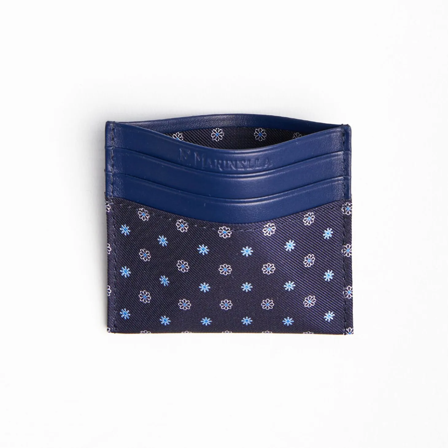 Dark Blue Silk And Leather Credit Card Holder 5 Compartments