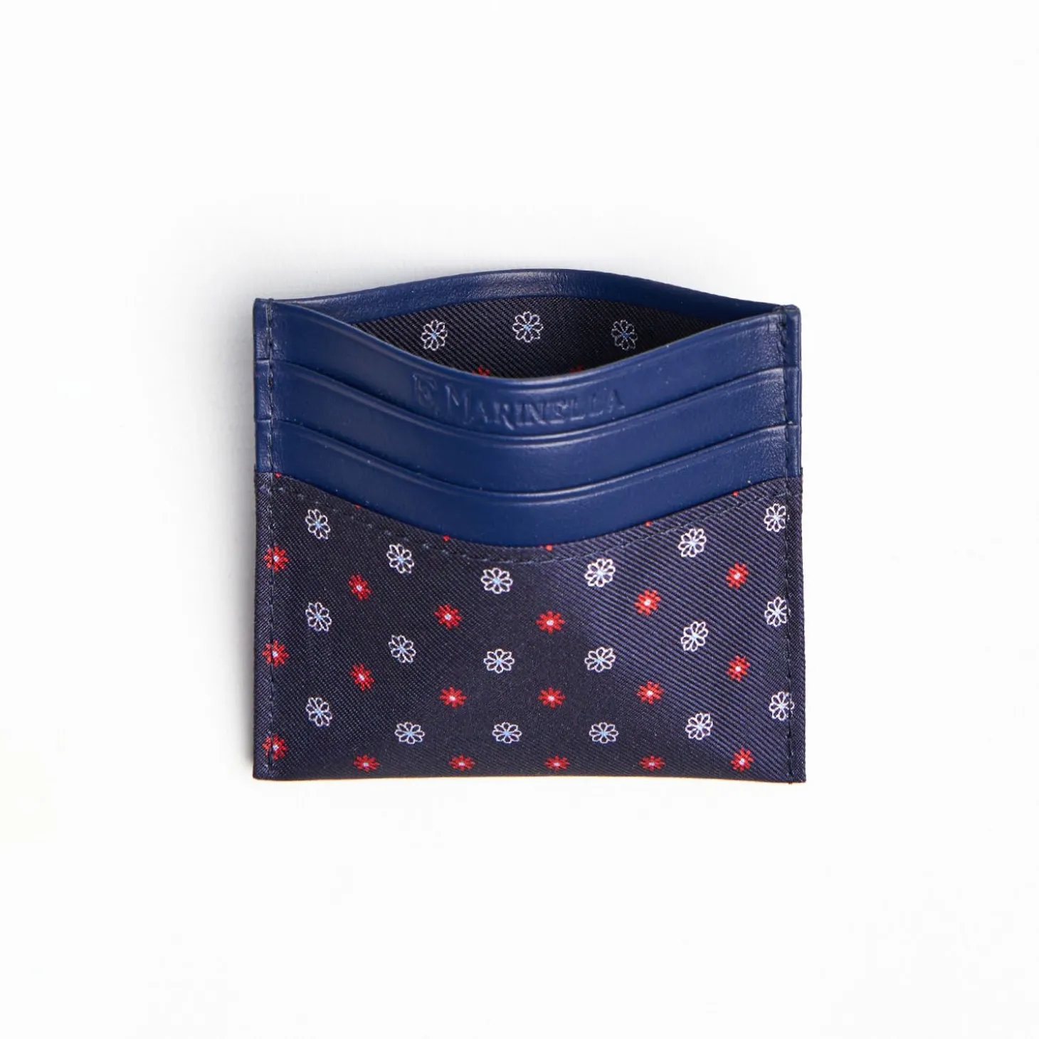 Dark Blue Silk And Leather Credit Card Holder 5 Compartments