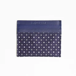 Dark Blue Silk And Leather Credit Card Holder 5 Compartments