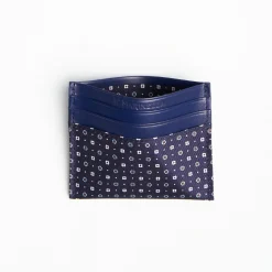 Dark Blue Silk And Leather Credit Card Holder 5 Compartments