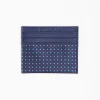 Dark Blue Silk And Leather Credit Card Holder - 5 Compartments