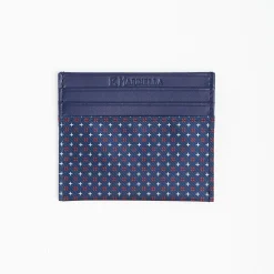 Dark Blue Silk And Leather Credit Card Holder - 5 Compartments