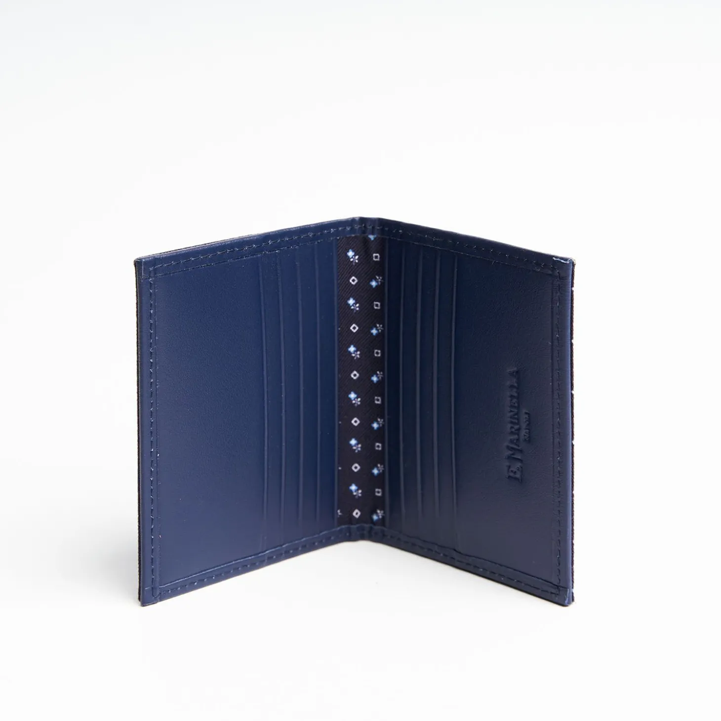 Dark Blue Silk And Leather Folding Card Holder - 10 Compartments