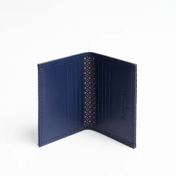 Dark Blue Silk And Leather Folding Card Holder - 10 Compartments