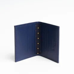 Dark Blue Silk And Leather Folding Card Holder - 10 Compartments