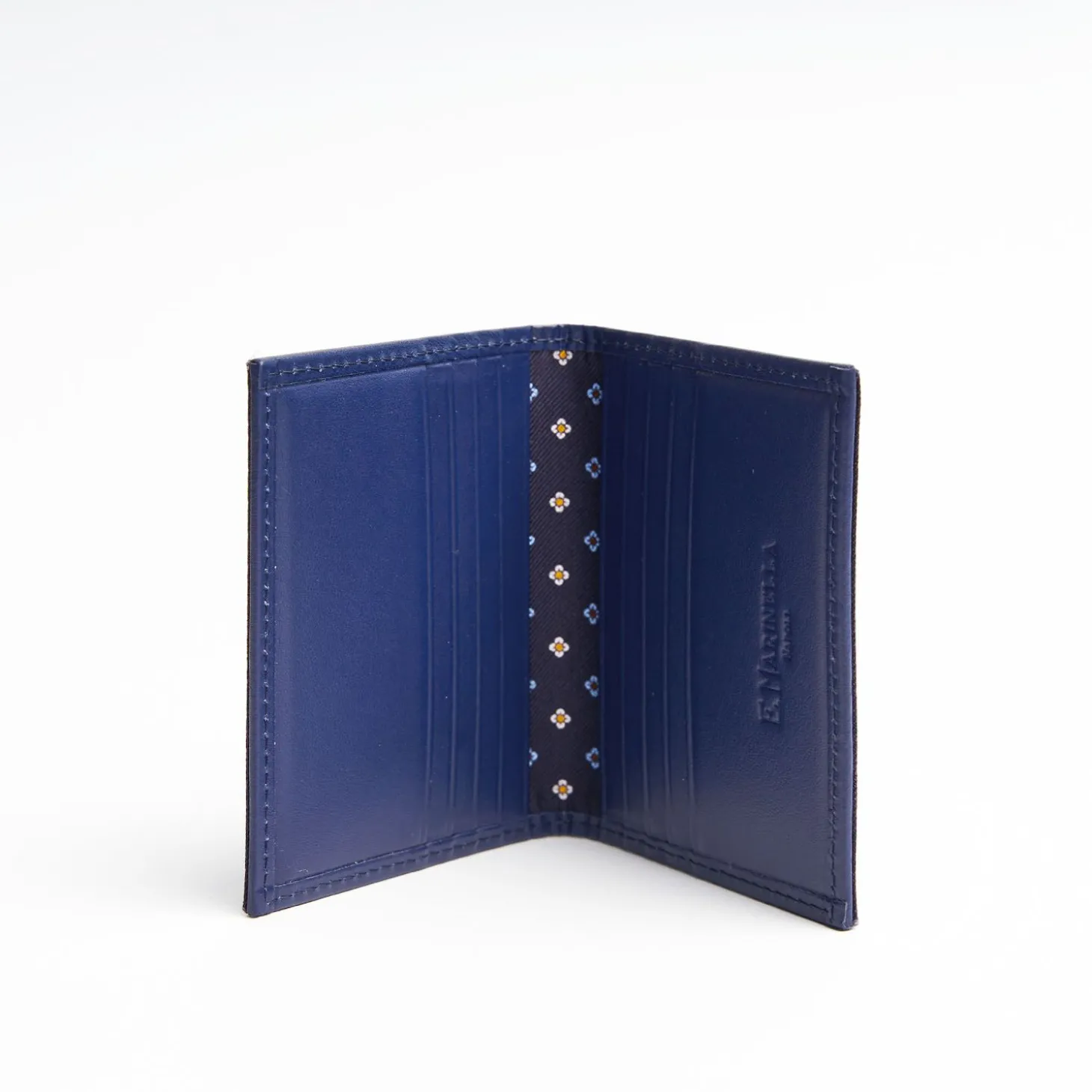 Dark Blue Silk And Leather Folding Card Holder - 10 Compartments