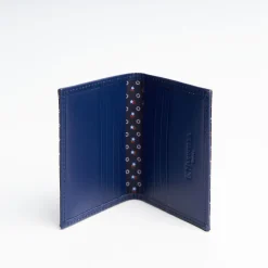 Dark Blue Silk And Leather Folding Card Holder - 10 Compartments