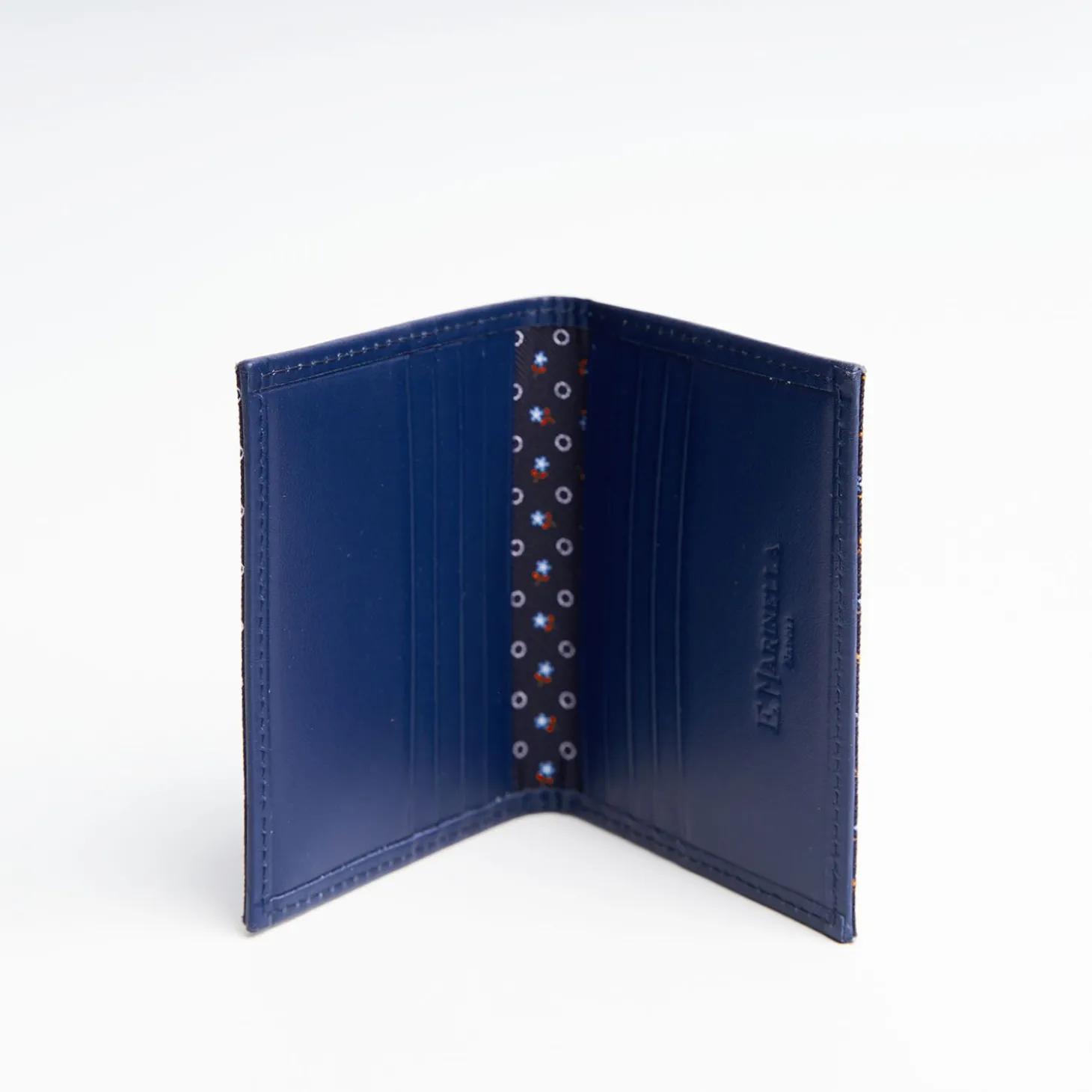 Dark Blue Silk And Leather Folding Card Holder - 10 Compartments