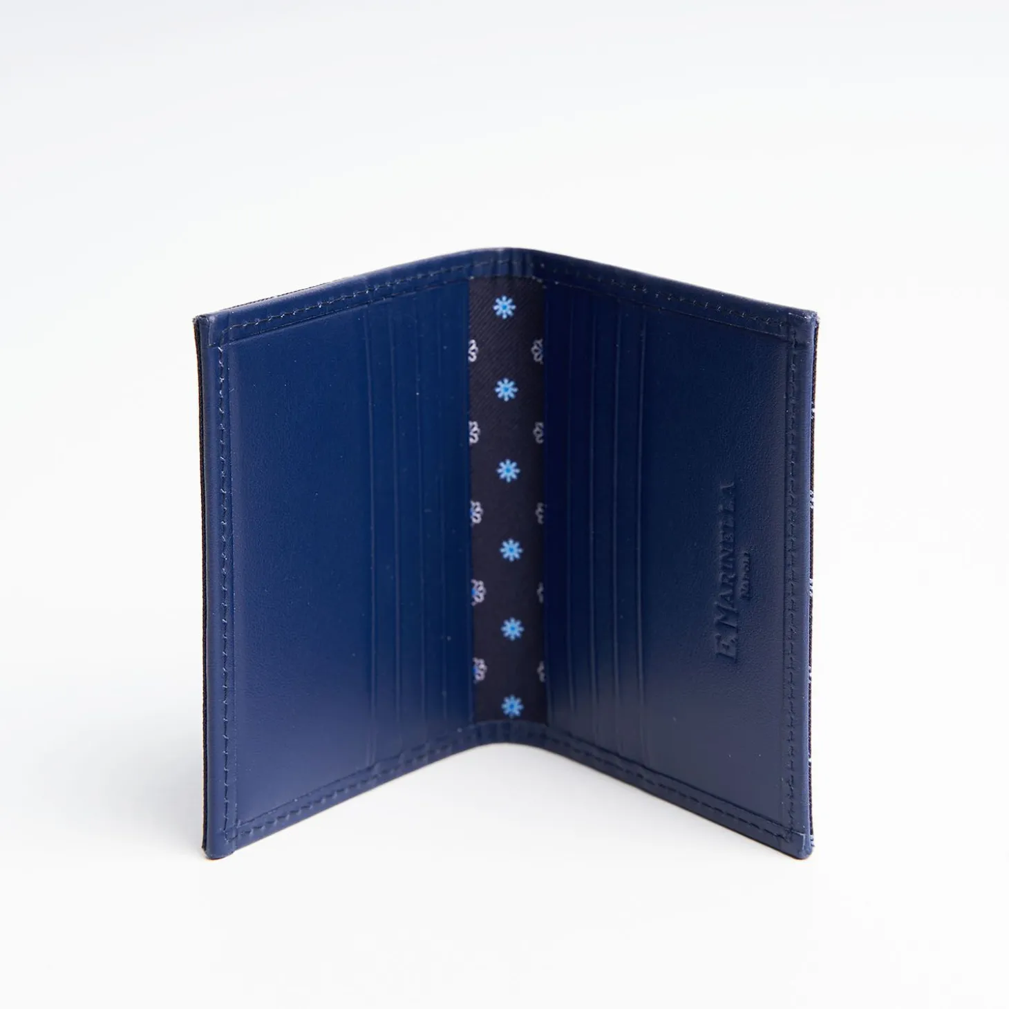 Dark Blue Silk And Leather Folding Card Holder - 10 Compartments