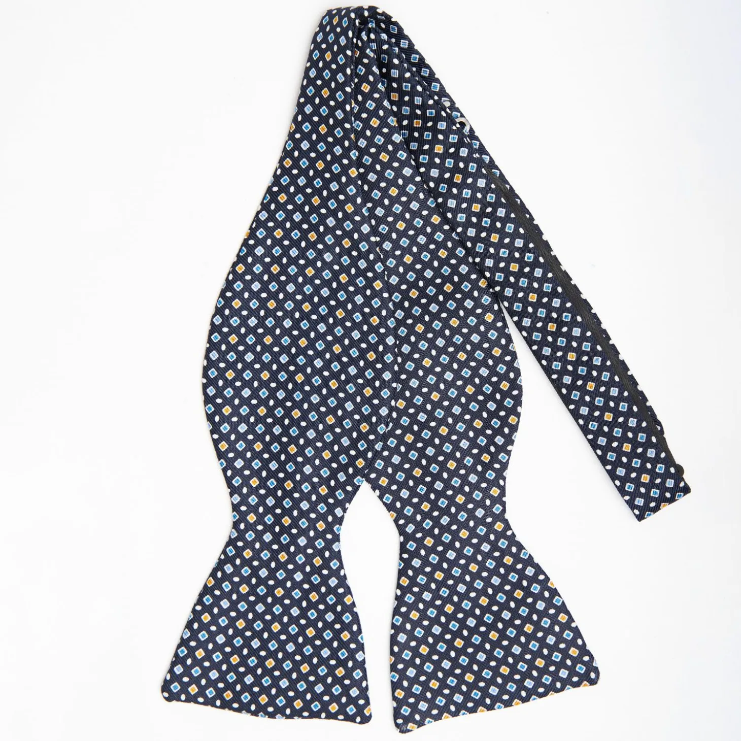 Dark Blue Silk Bowtie To Self-Tie Small Geometric Pattern