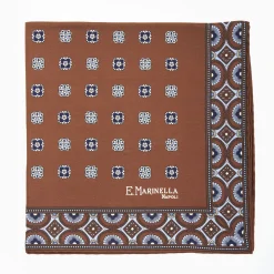 Dark Brown Hand-Printed Silk Pocket Square Large Flower Pattern