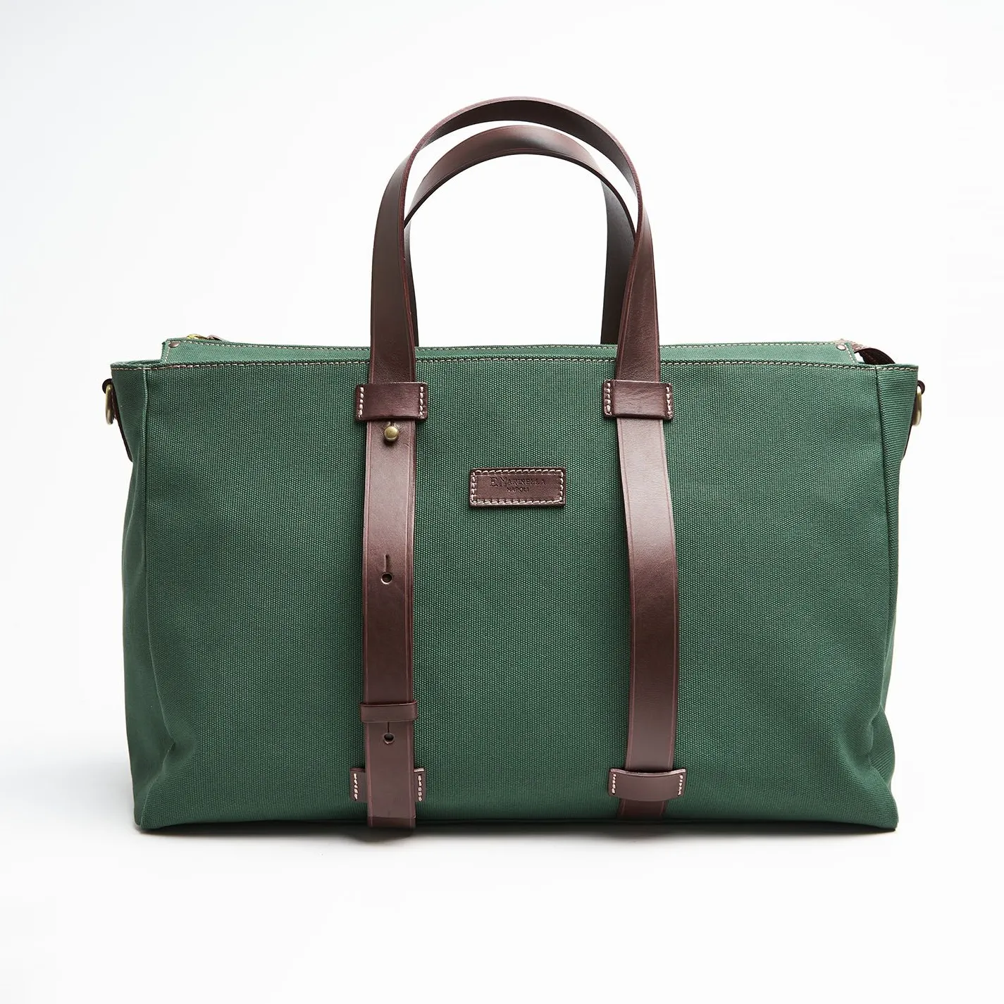 Dark Green Canvas Weekend Bag With Leather Trim