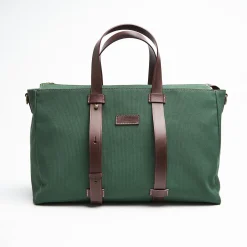 Dark Green Canvas Weekend Bag With Leather Trim