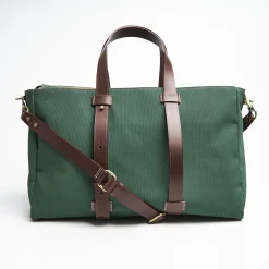 Dark Green Canvas Weekend Bag With Leather Trim