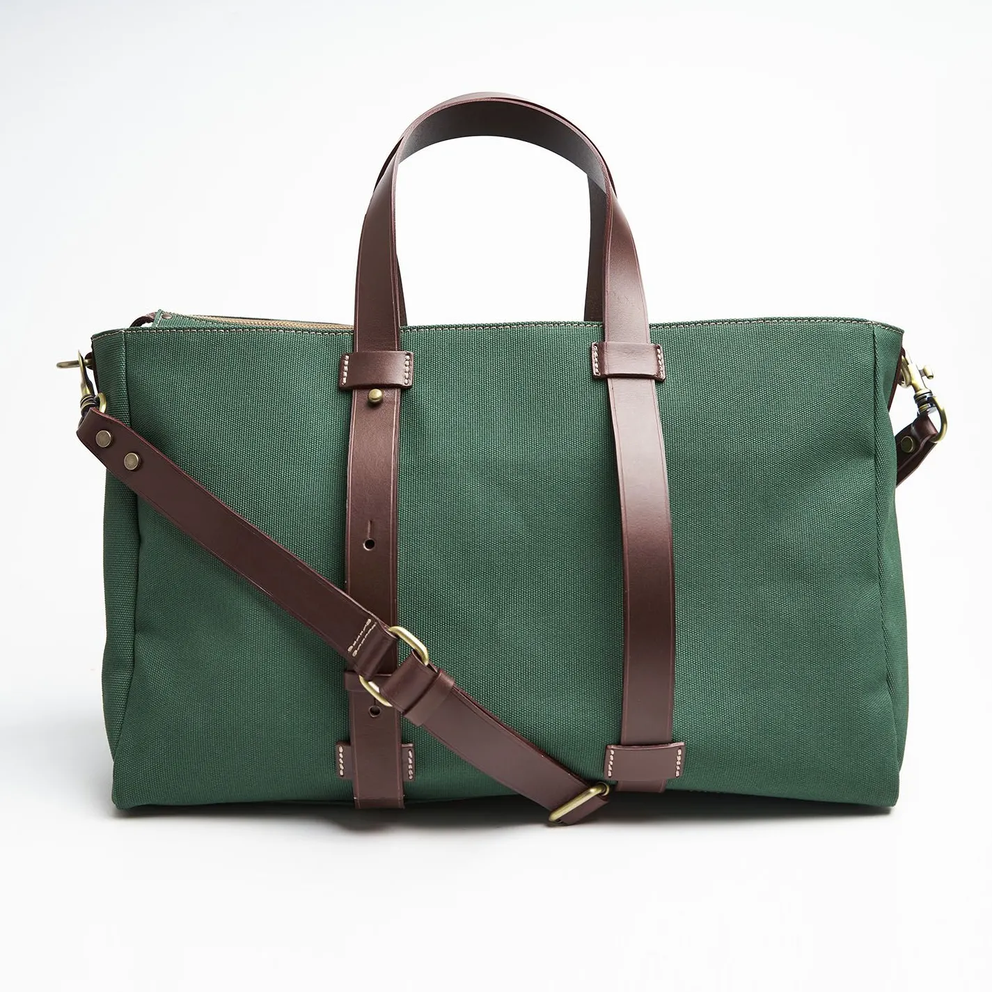 Dark Green Canvas Weekend Bag With Leather Trim