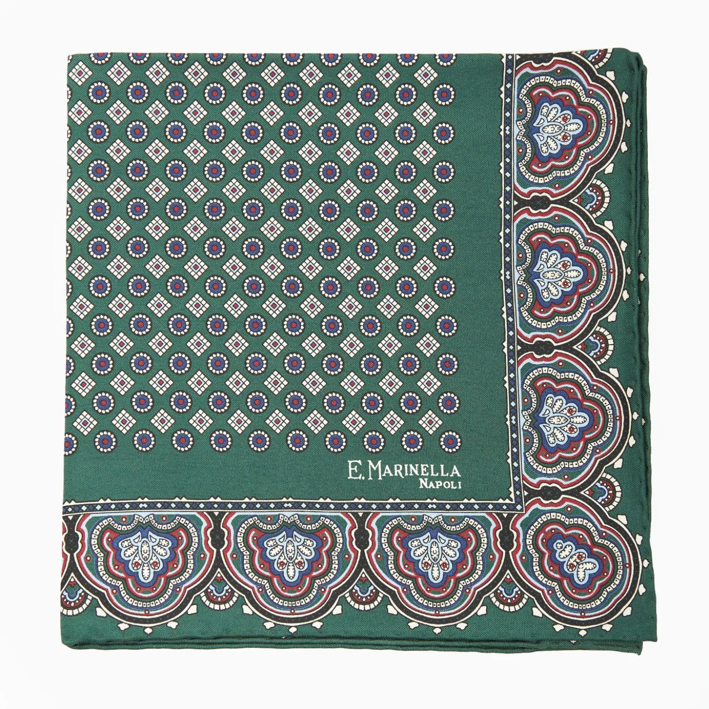 Dark Green Hand-Printed Silk Pocket Square Small Flower Pattern