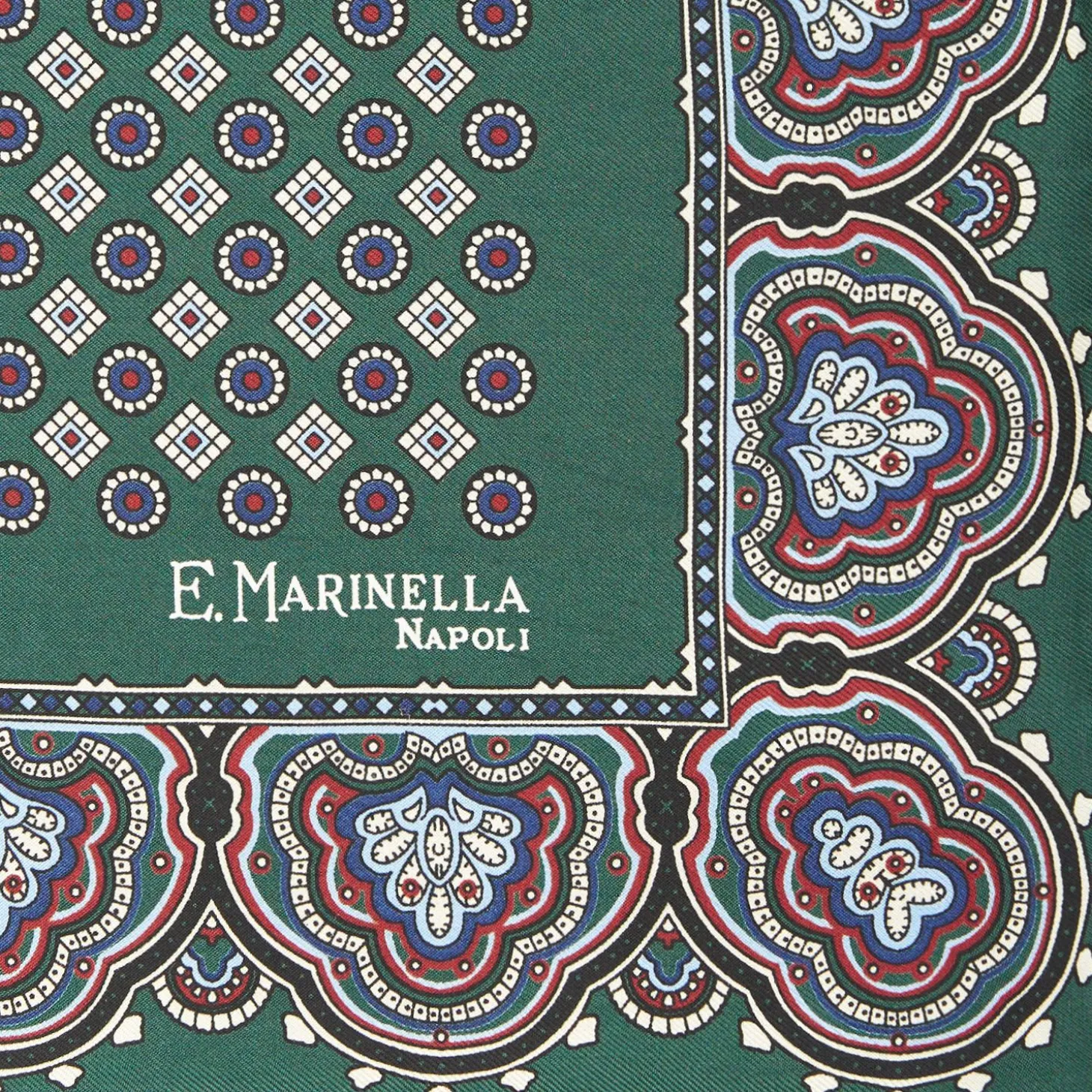 Dark Green Hand-Printed Silk Pocket Square Small Flower Pattern