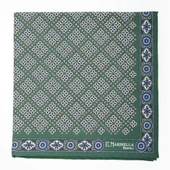 Dark Green Hand-Printed Silk Pocket Square Large Flower Pattern
