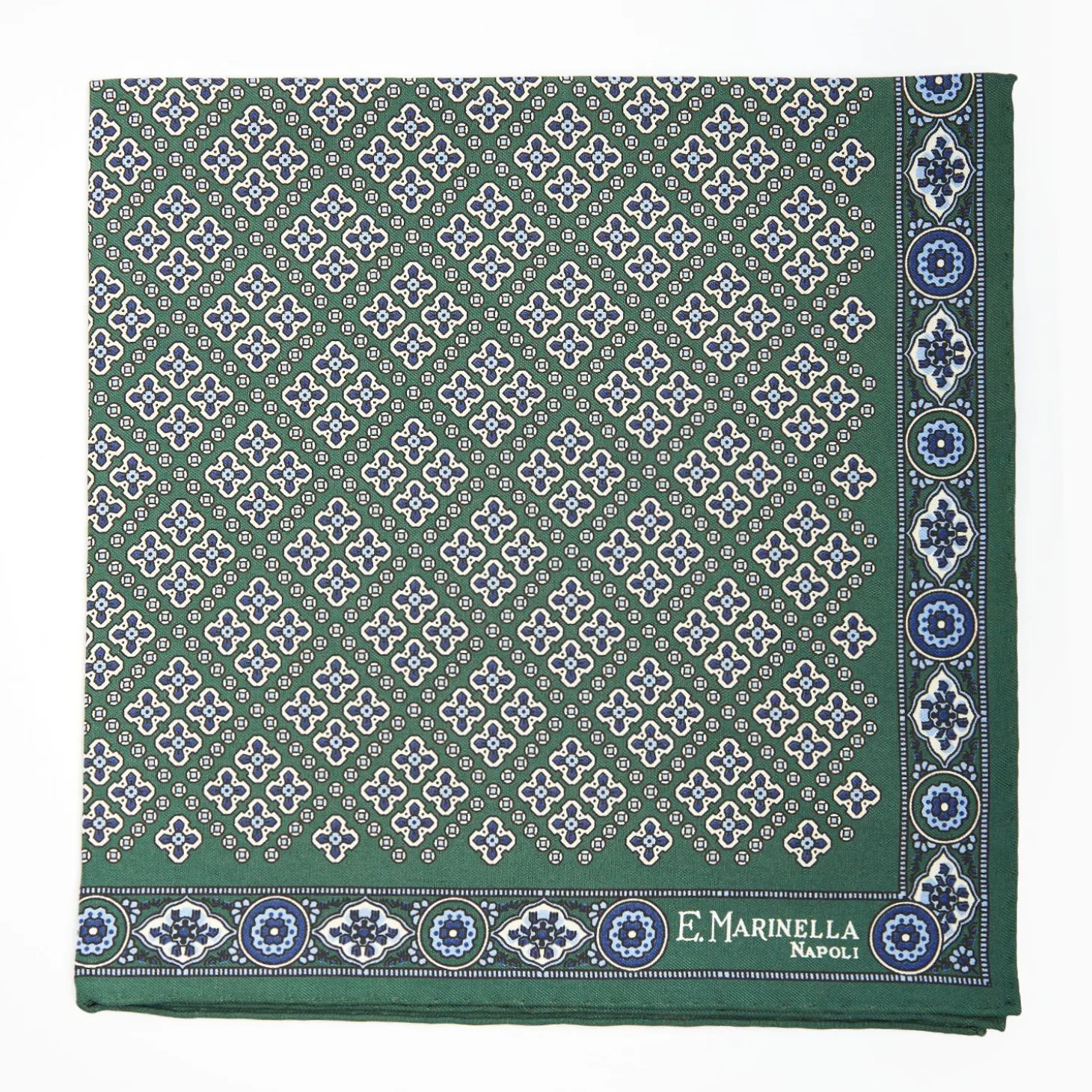 Dark Green Hand-Printed Silk Pocket Square Large Flower Pattern