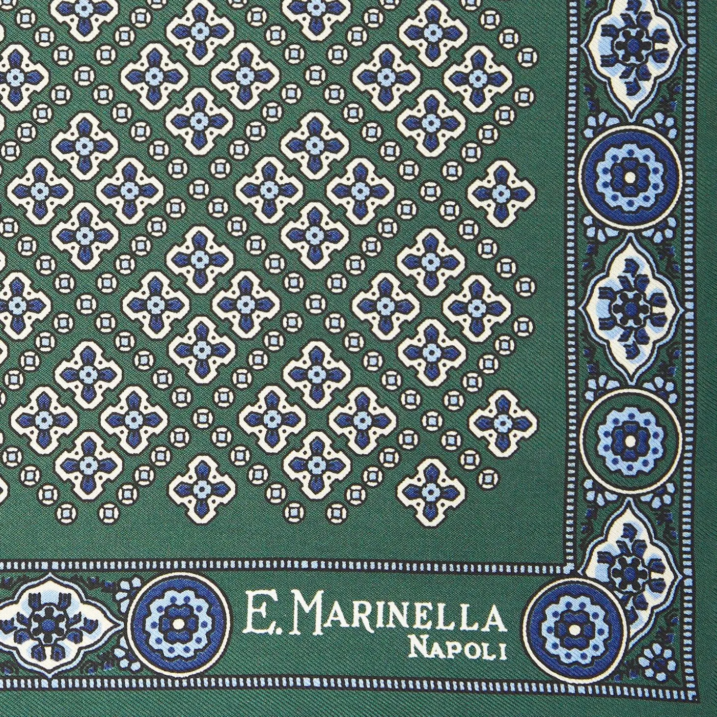 Dark Green Hand-Printed Silk Pocket Square Large Flower Pattern