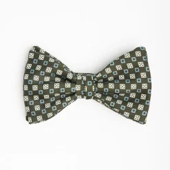 Dark Green Pre-Knotted Silk Bowtie - Small Geometric Pattern