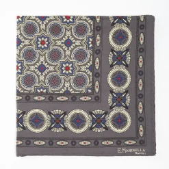 Dark Grey Hand-Printed Silk Pocket Square Large Flower Pattern