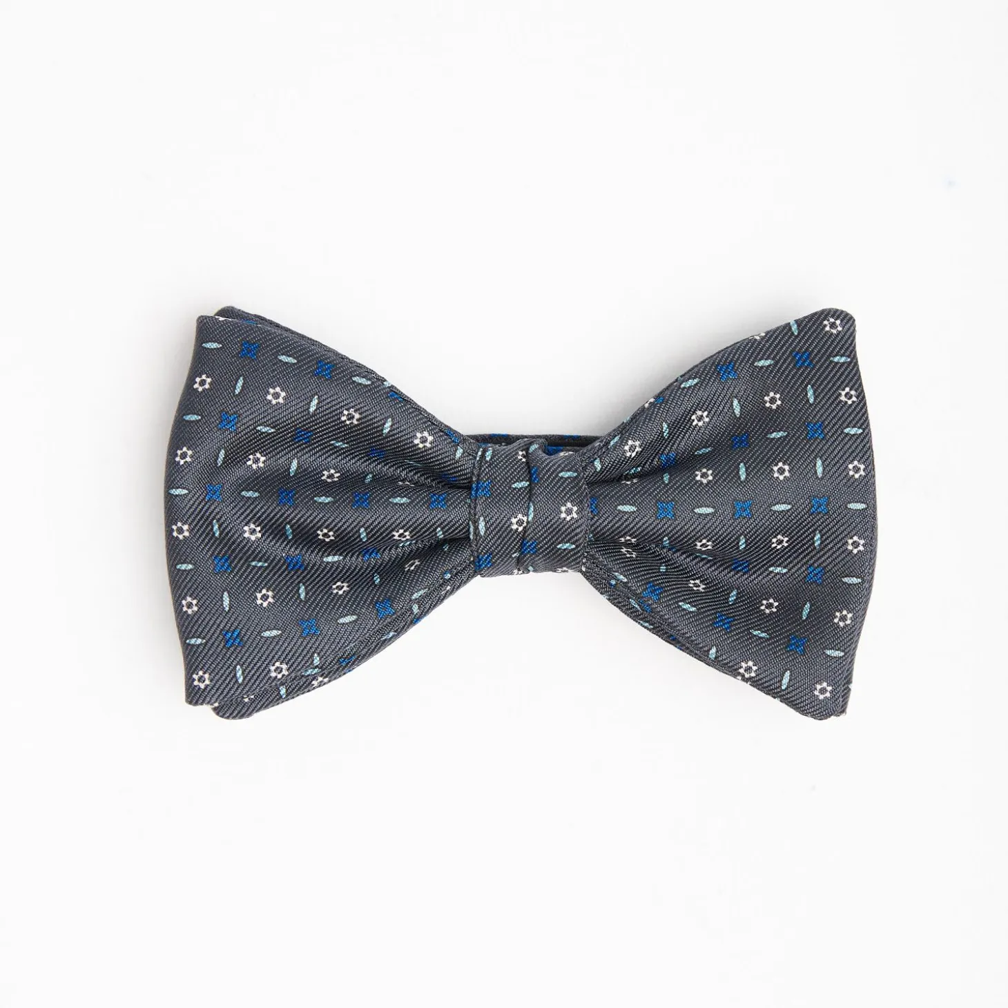 Dark Grey Pre-Knotted Silk Bowtie - Small Flower Pattern
