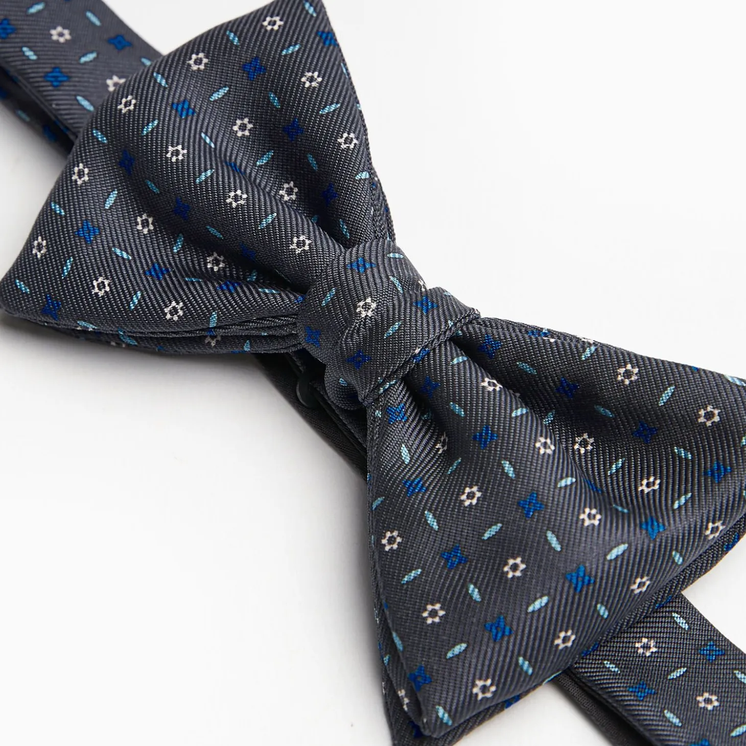 Dark Grey Pre-Knotted Silk Bowtie - Small Flower Pattern
