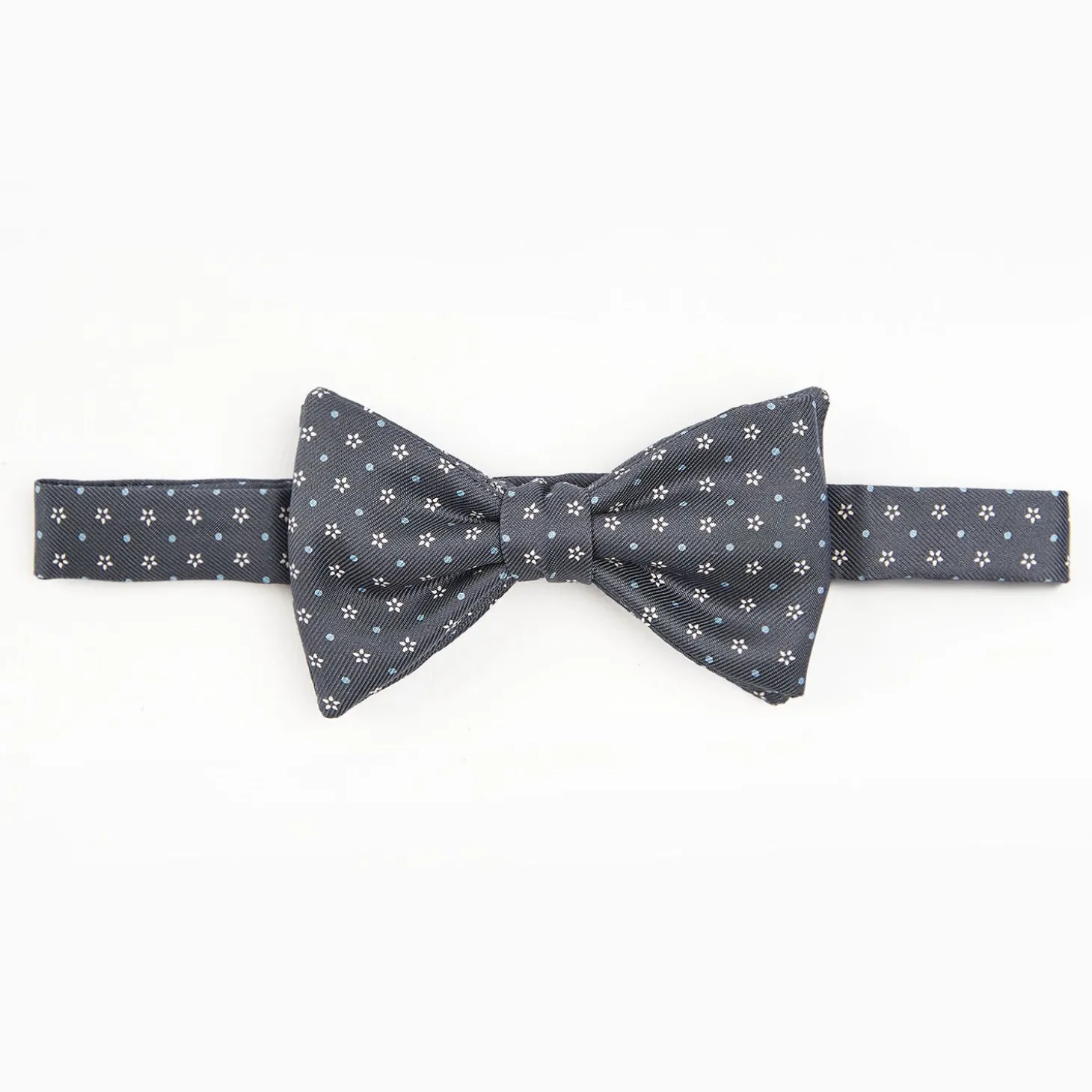 Dark Grey Pre-Knotted Silk Bowtie - Small Flower Pattern