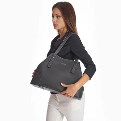 Dark Grey Textured Leather Tote Bag