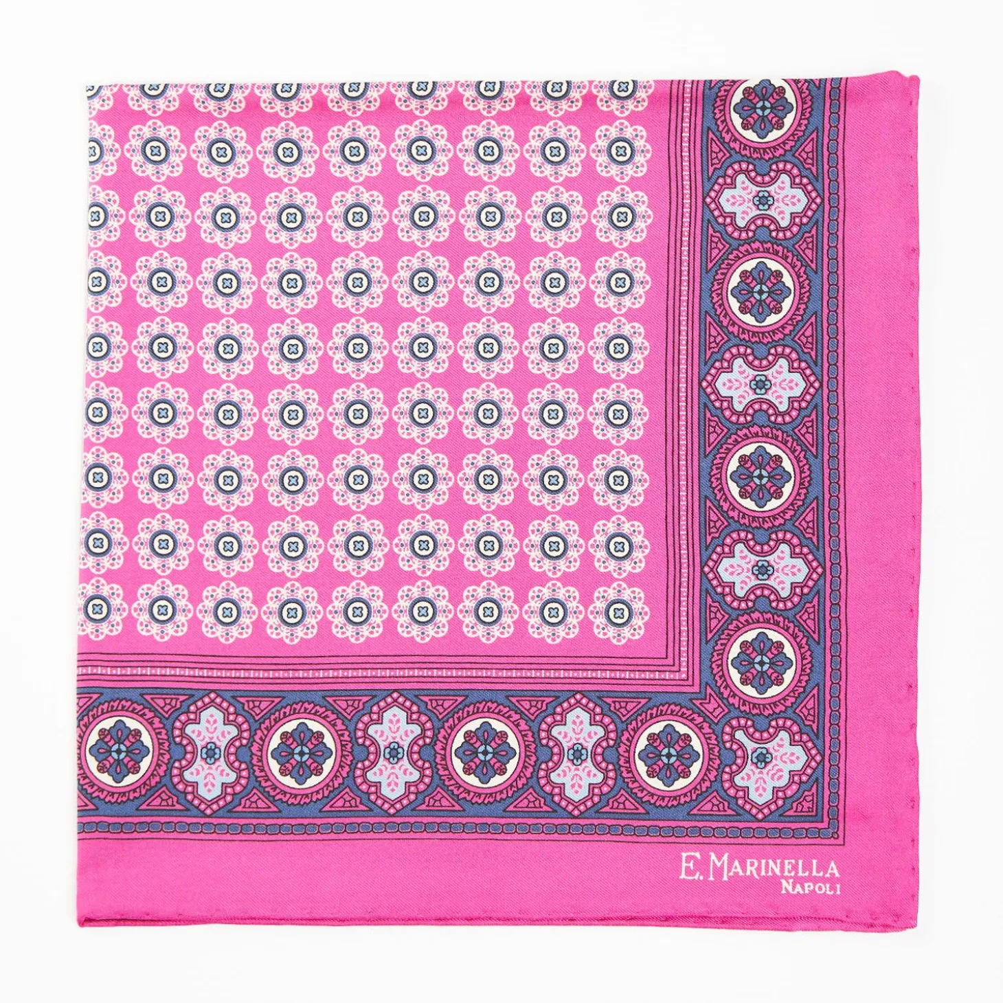 Fuchsia Hand-Printed Silk Pocket Square Large Flower Pattern