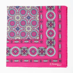 Fuchsia Hand-Printed Silk Pocket Square - Large Flower Pattern
