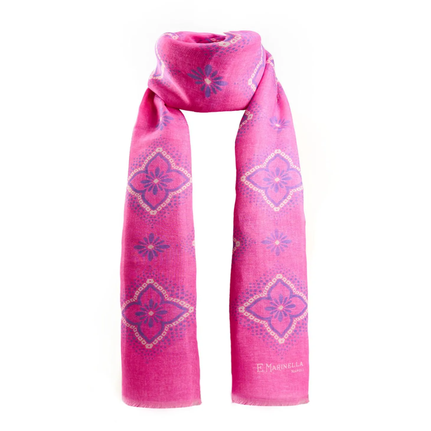 Fucsia Cotton And Linen Scarf - Blue Macro Flowers