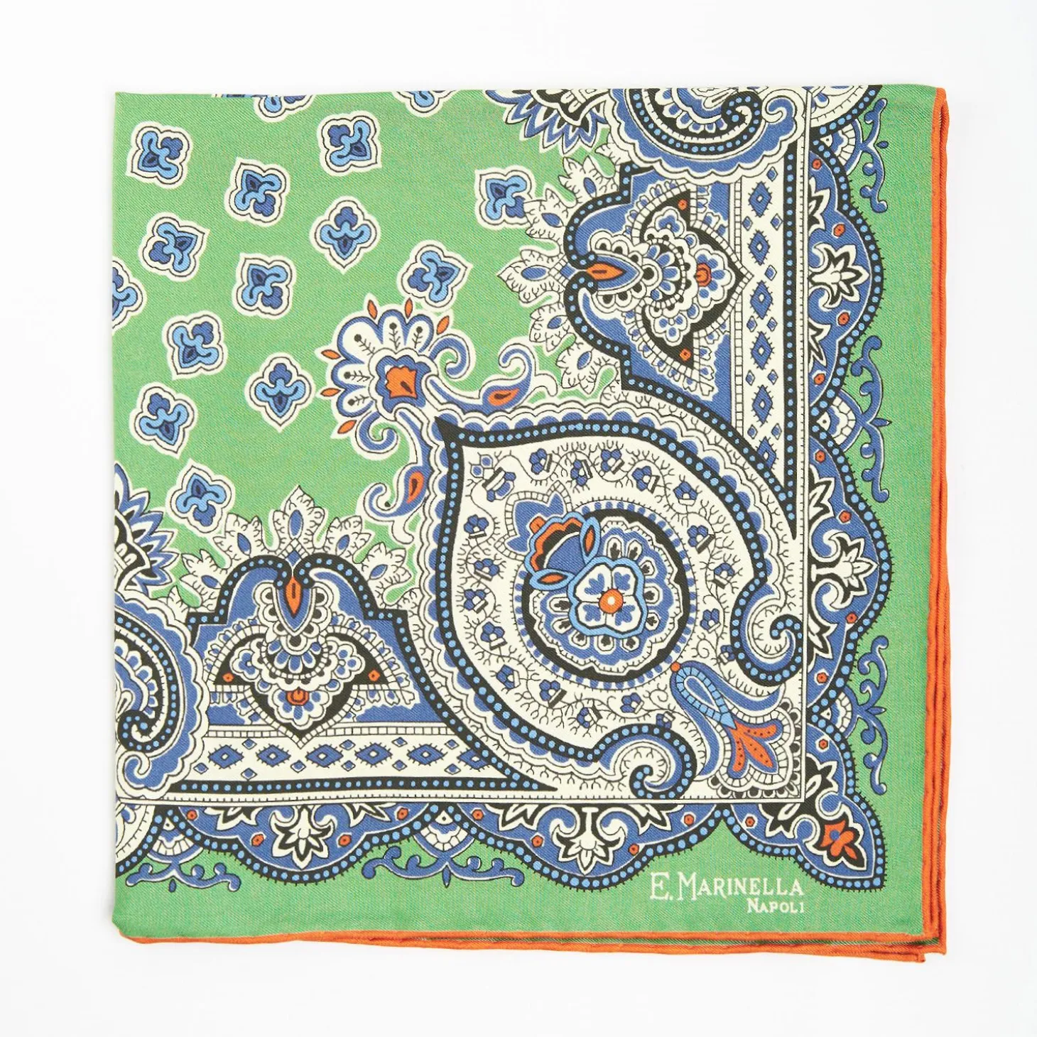 Green Hand-Printed Silk Pocket Square - Large Flower Pattern