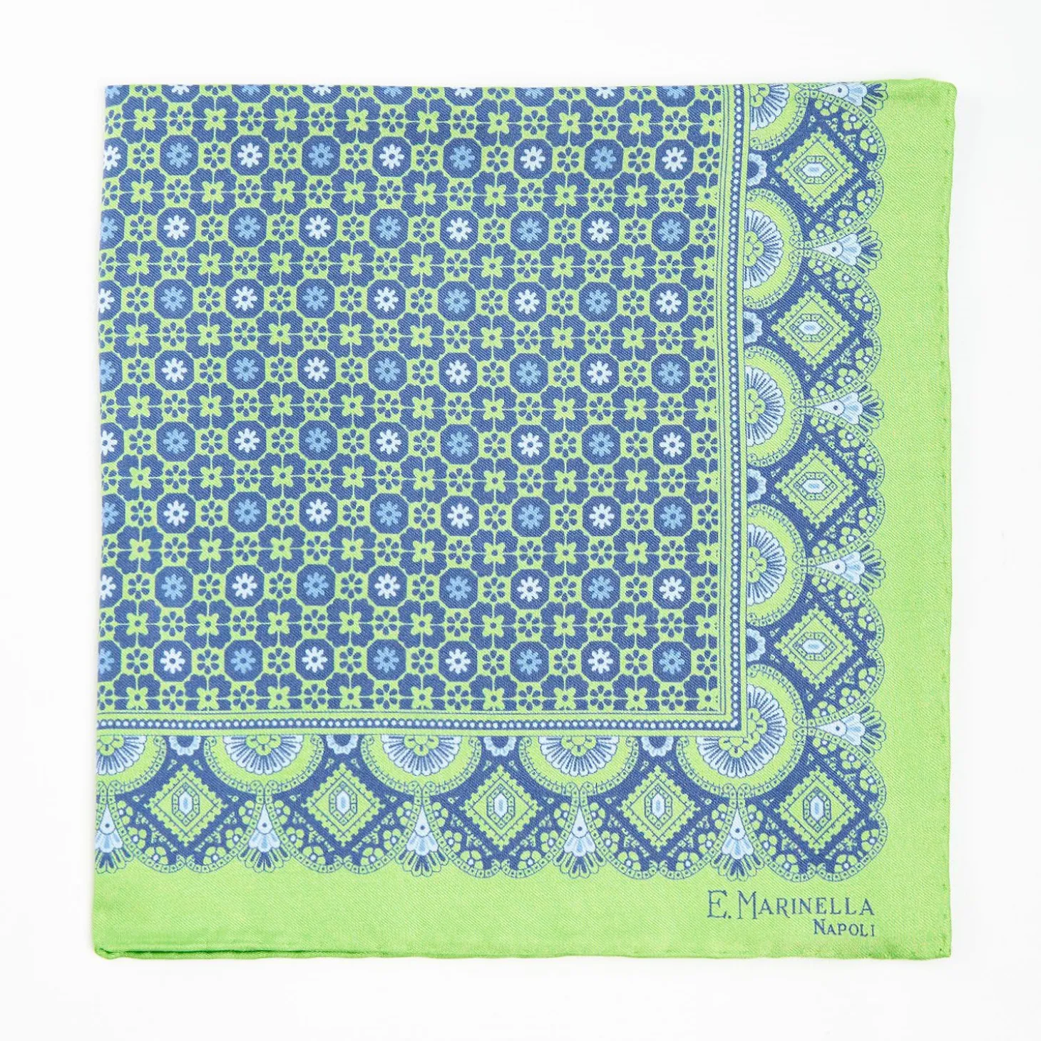 Green Hand-Printed Silk Pocket Square - Small Flower Pattern