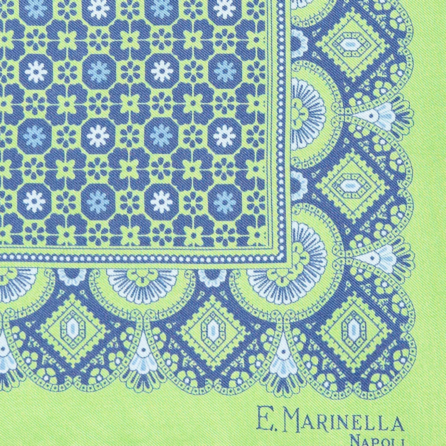 Green Hand-Printed Silk Pocket Square - Small Flower Pattern