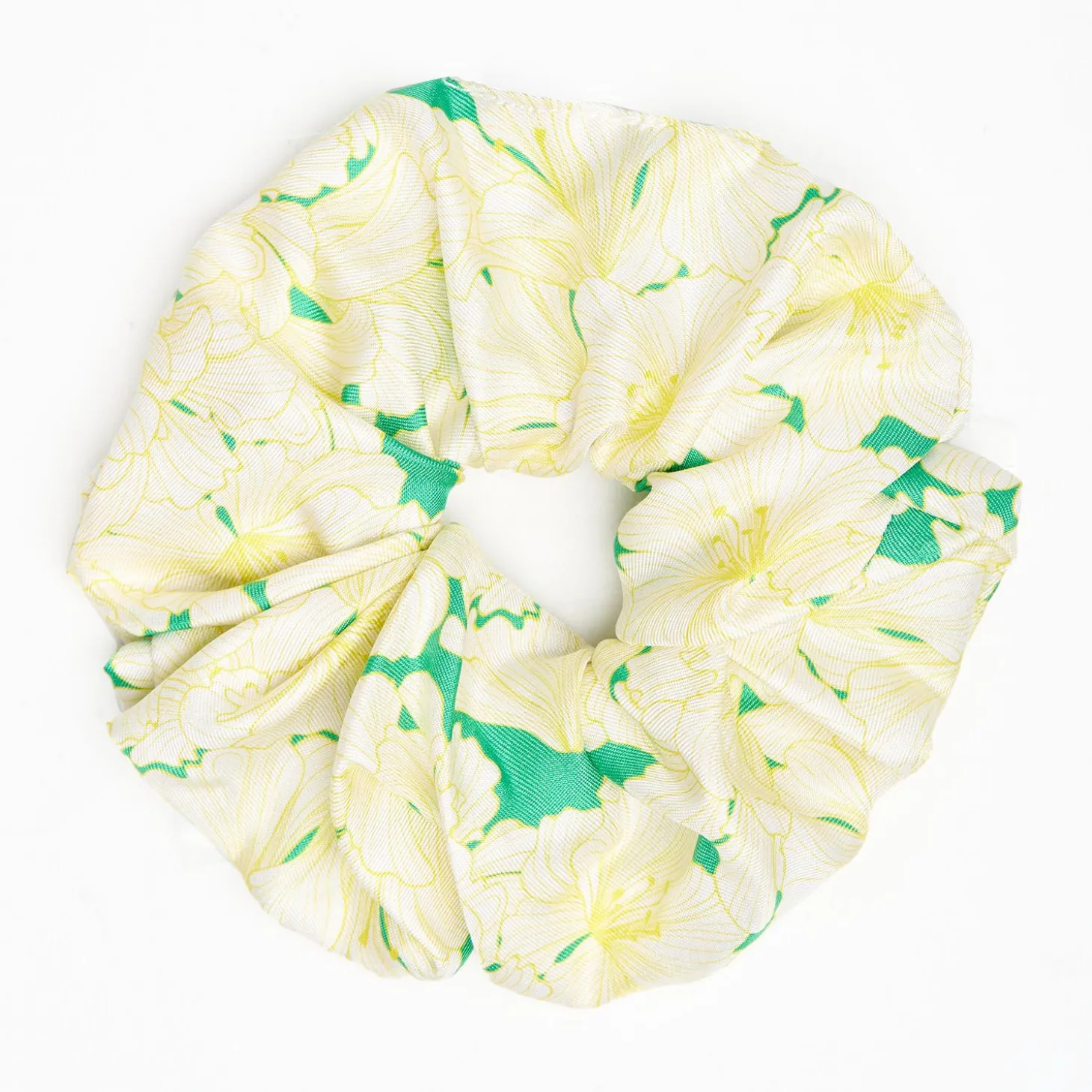 Green Silk Scrunchie - Floral Pattern