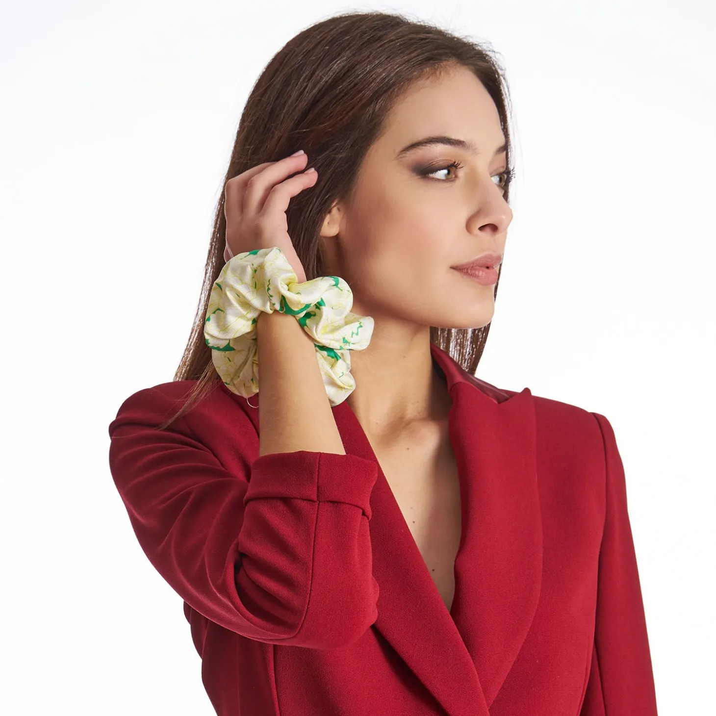 Green Silk Scrunchie - Floral Pattern
