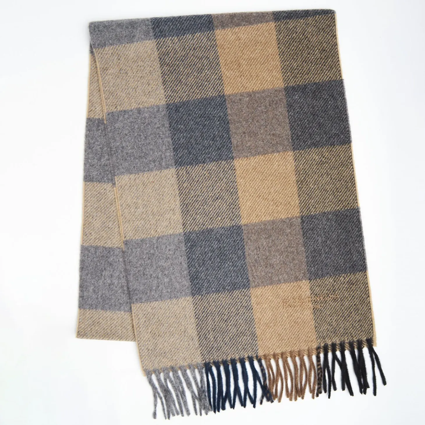 Grey And Beige Cashmere Plaid Scarf With Bangs