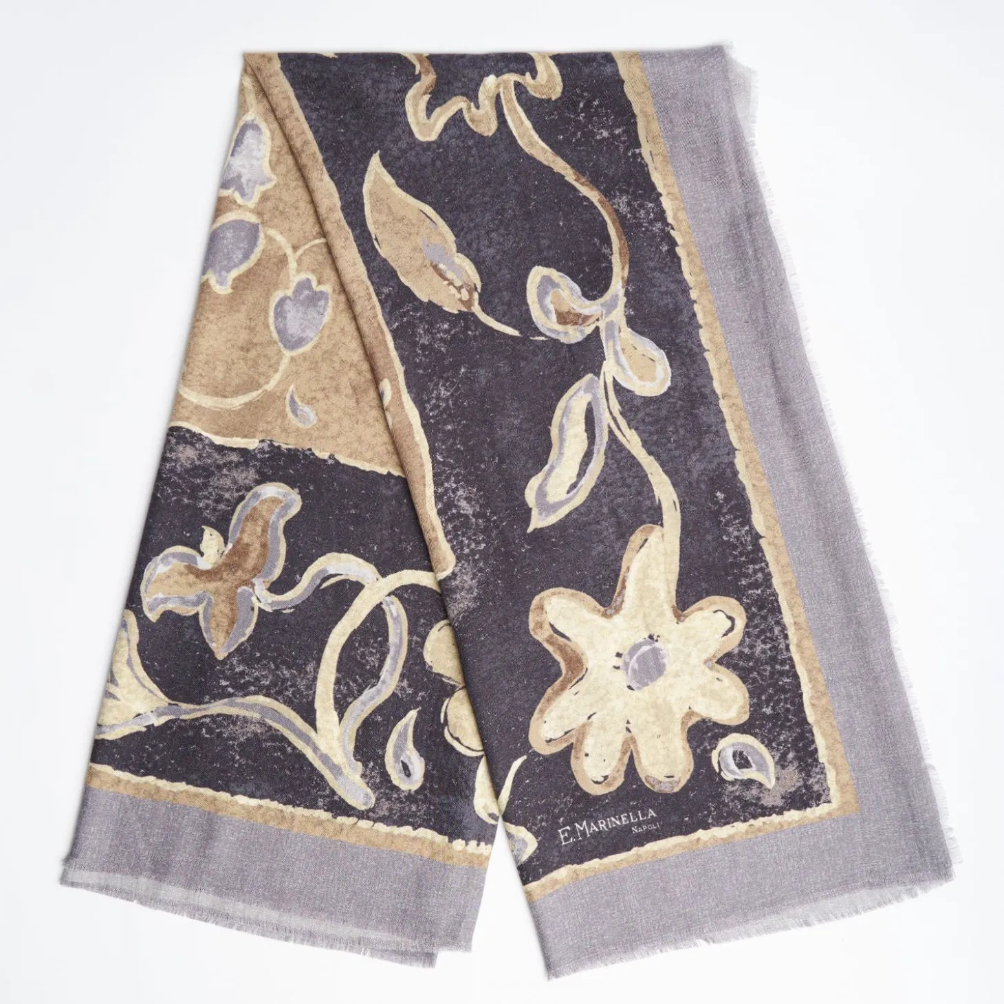 Grey Wool And Silk Stole With Pastel Flower Design