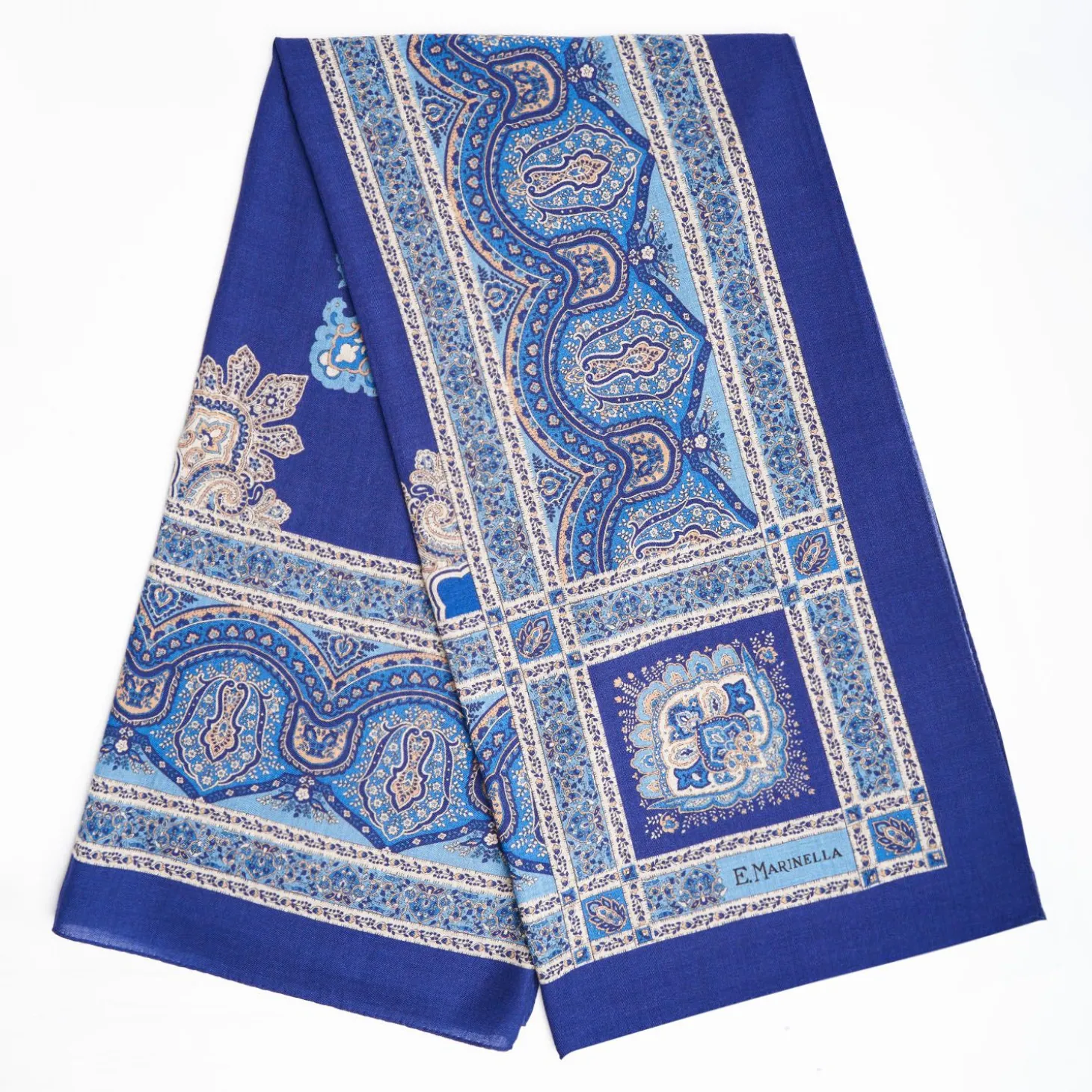 Light And Dark Blue Wool Stole - Floral Pattern