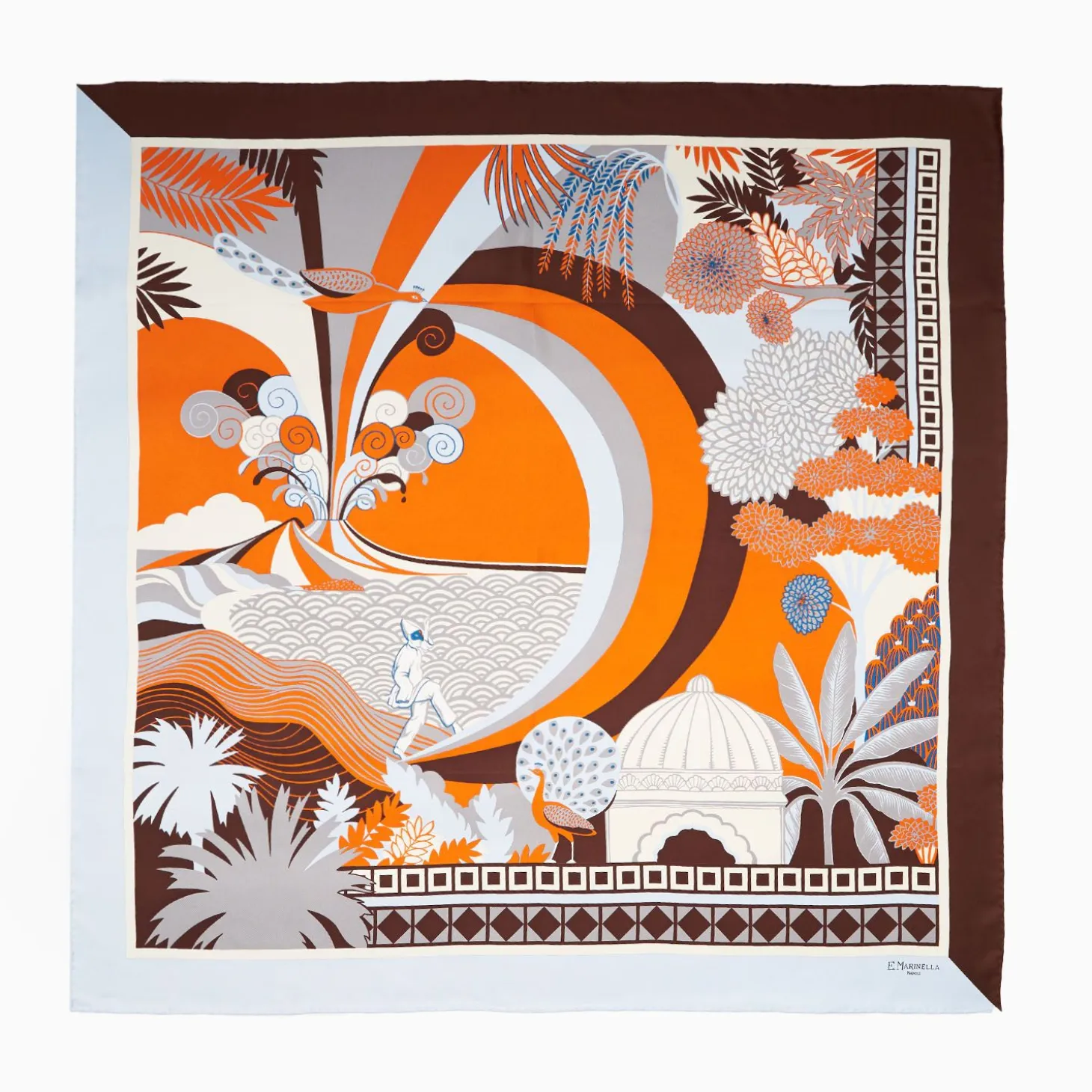 Light Blue And Dark Brown Silk Scarf 90 - Pulcinella In Naples