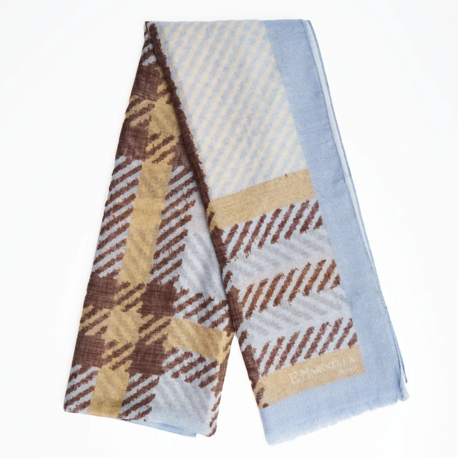 Light Blue Cashmere And Silk Stole - Tartan Pattern