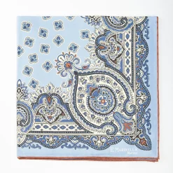Light Blue Hand-Printed Silk Pocket Square - Large Flower Pattern