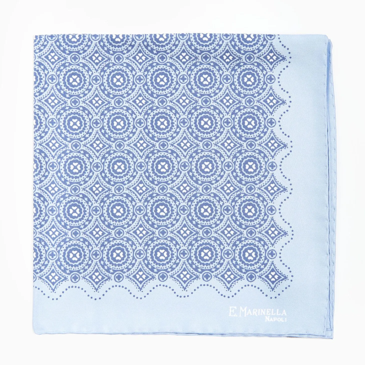 Light Blue Hand-Printed Silk Pocket Square Large Flower Pattern