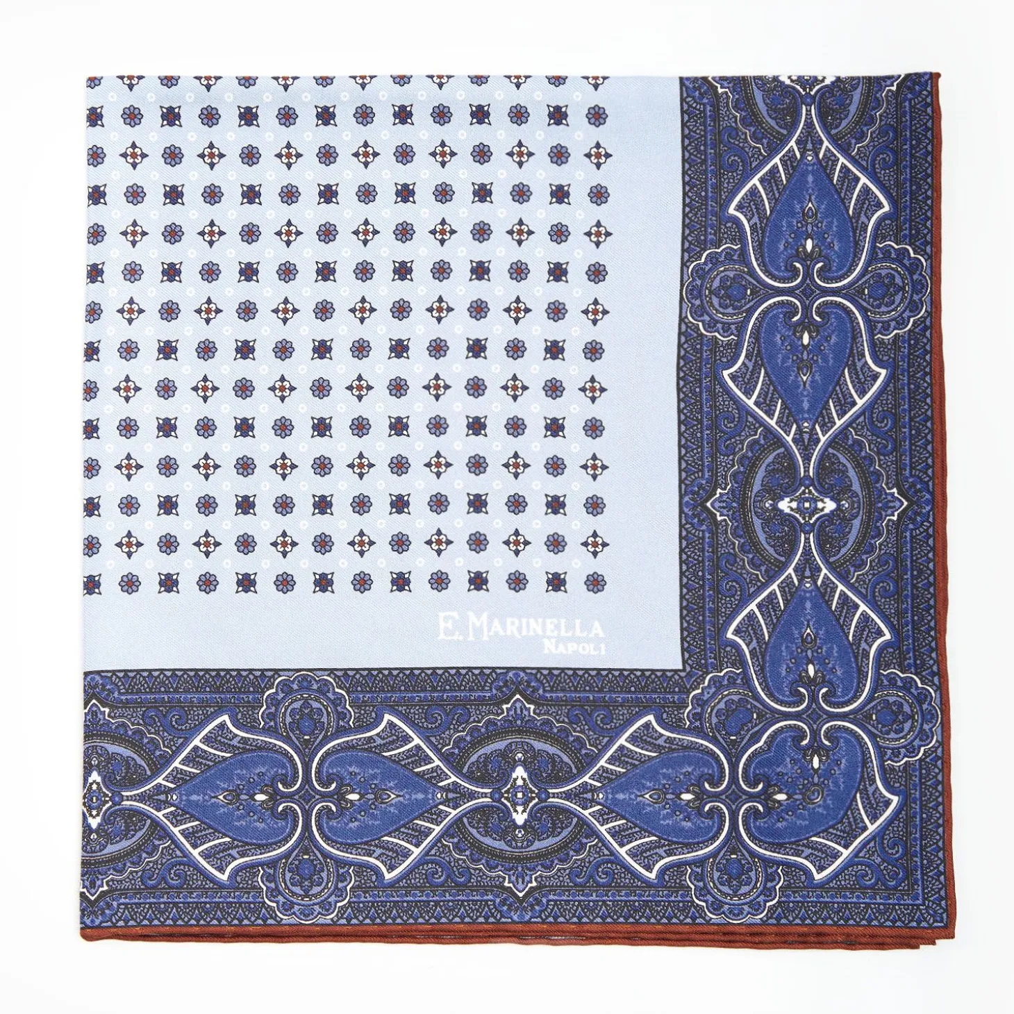 Light Blue Hand-Printed Silk Pocket Square Small Flower Pattern