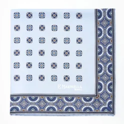 Light Blue Hand-Printed Silk Pocket Square Large Flower Pattern