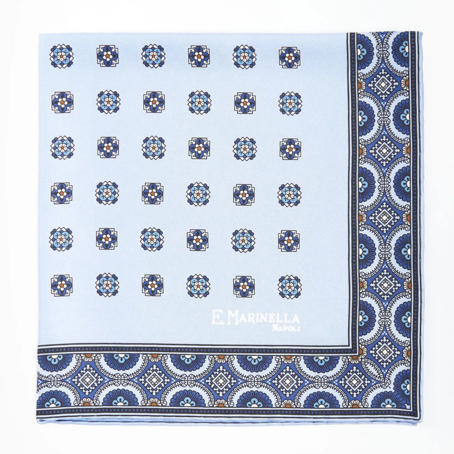 Light Blue Hand-Printed Silk Pocket Square Large Flower Pattern